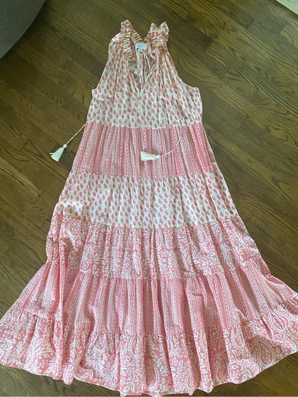 Adorable Mud Pie Pink Tiered Maxi Dress with Tassel Tie